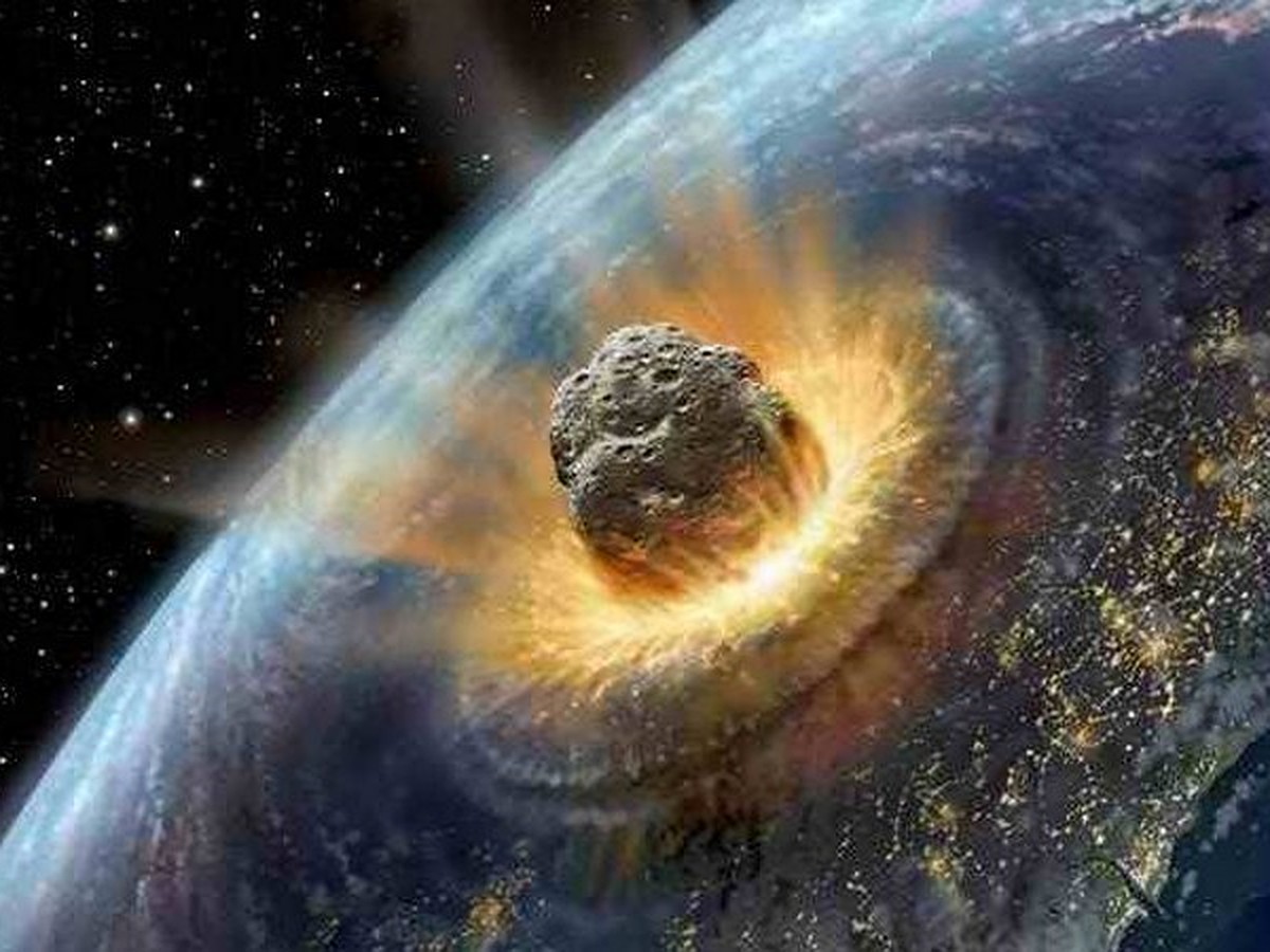Montagem com um meteoro atingindo a Terra