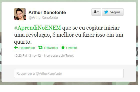 Usando a hashtag #AprendiNoEnem, usuários fazem piada com o conteúdo das provas do Exame Nacional do Ensino Médio, aplicado nos dias 3 e 4 de novembro Usando a hashtag #AprendiNoEnem, usuários fazem piada com o conteúdo das provas do Exame Nacional do Ensino Médio, aplicado nos dias 3 e 4 de novembro