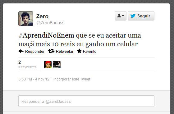 Usando a hashtag #AprendiNoEnem, usuários fazem piada com o conteúdo das provas do Exame Nacional do Ensino Médio, aplicado nos dias 3 e 4 de novembro Usando a hashtag #AprendiNoEnem, usuários fazem piada com o conteúdo das provas do Exame Nacional do Ensino Médio, aplicado nos dias 3 e 4 de novembro