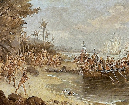 O português Pedro Álvares Cabral e sua esquadra chegam ao litoral da Bahia em 22 de abril. Segundo a maioria dos historiadores, trata-se mais de uma tomada de posse do que de um descobrimento em si, pois a existência do território - dividido seis anos antes entre portugueses e espanhóis pelo Tratado de Tordesilhas - já era sabida por Portugal. Imagem: Óleo sobre tela de Oscar Pereira da Silva / Domínio Público