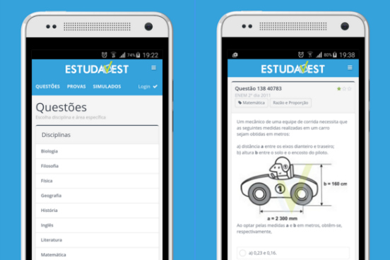 Além de auxiliar no preparo para o Enem, o EstudaVest disponibiliza simulados e um banco de questões dos vestibulares de instituições como UEL, UERJ, UFPR e USP. Ele ainda traz videoaulas, um calendário de vestibulares e um ranking que mostra o seu desempenho em relação ao dos demais usuários do aplicativo. O aplicativo pode ser baixado de graça tanto para Android como para iOS. (Imagem: Reprodução) Além de auxiliar no preparo para o Enem, o EstudaVest disponibiliza simulados e um banco de questões dos vestibulares de instituições como UEL, UERJ, UFPR e USP. Ele ainda traz videoaulas, um calendário de vestibulares e um ranking que mostra o seu desempenho em relação ao dos demais usuários do aplicativo. O aplicativo pode ser baixado de graça tanto para Android como para iOS. (Imagem: Reprodução)