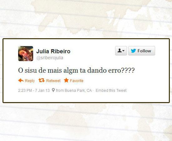 Muitos usuários do Twitter usaram a rede social para comentar o processo de inscrição no Sisu, programa do Ministério da Educação (MEC) que seleciona estudantes para as universidades federais. Mais de 620 mil candidatos se inscreveram até as 16h desta segunda-feira (7). Enquanto alguns reclamavam de falhas, outros contavam que haviam conseguido efetuar o processo normalmente. As primeiras notas de cortes de cada curso e a classificação parcial estarão disponíveis no sistema a partir das 2h da madrugada de terça-feira. Muitos usuários do Twitter usaram a rede social para comentar o processo de inscrição no Sisu, programa do Ministério da Educação (MEC) que seleciona estudantes para as universidades federais. Mais de 620 mil candidatos se inscreveram até as 16h desta segunda-feira (7). Enquanto alguns reclamavam de falhas, outros contavam que haviam conseguido efetuar o processo normalmente. As primeiras notas de cortes de cada curso e a classificação parcial estarão disponíveis no sistema a partir das 2h da madrugada de terça-feira.