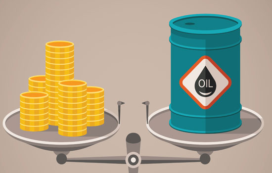 Balança com moedas de um lado e petróleo do outro Balança com moedas de um lado e petróleo do outro