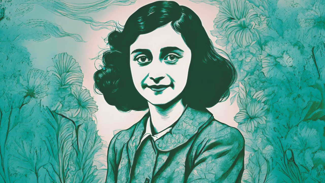 Ilustração de Anne Frank, estilizada ao lado de flores. Foto gerada por Inteligência Artificial