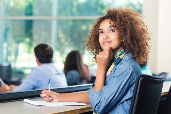 Beautiful African American student thinking during test