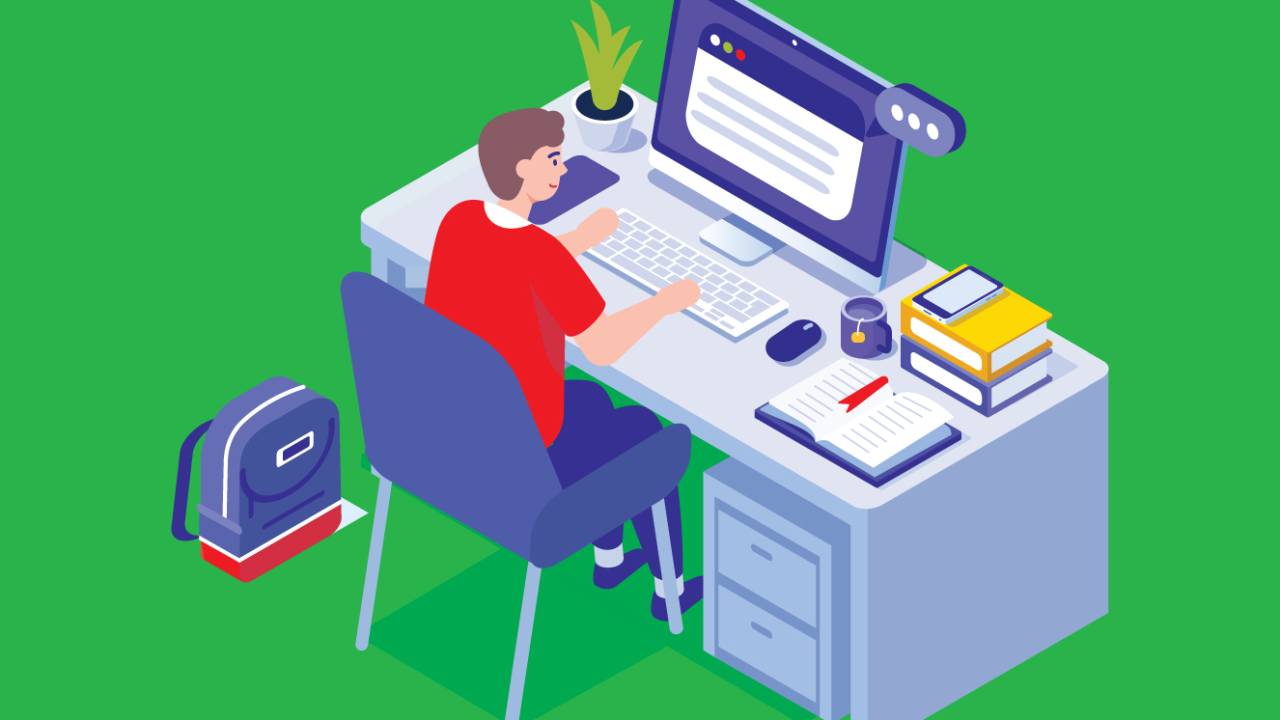 Ilustra de um homem mexendo no computador. Na mesa, uma planta e livros.