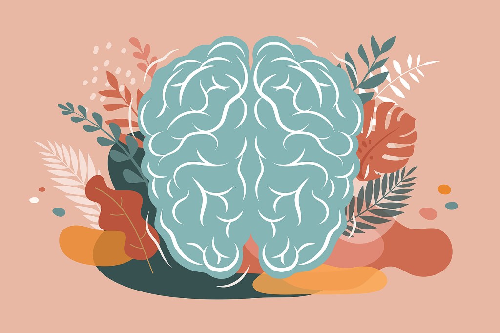 Ilustra de um cérebro com plantas ao redor