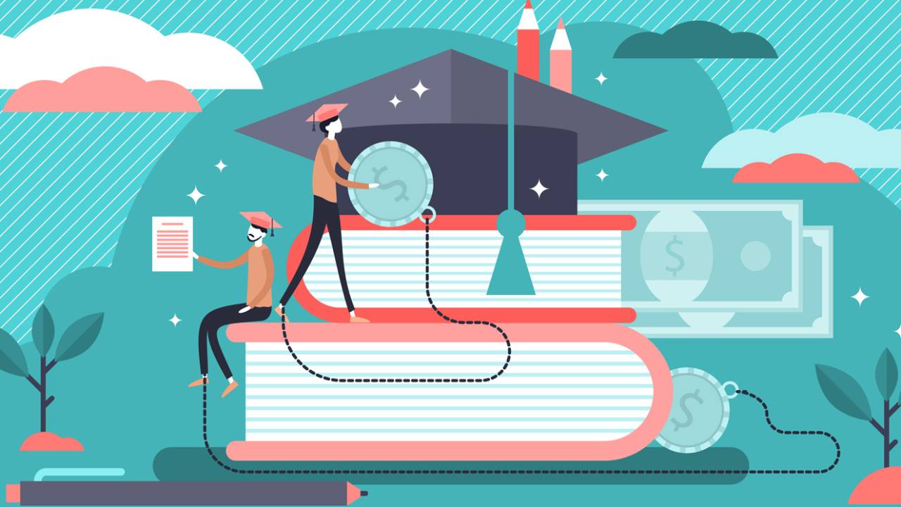 arte mostra estudantes escalando livros gigantes, como um símbolo da escalada da graduação