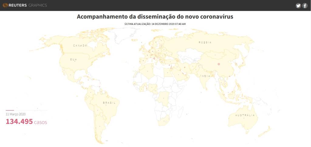 Casos de coronavírus em março Casos de Covid-19 no mundo em março de 2020