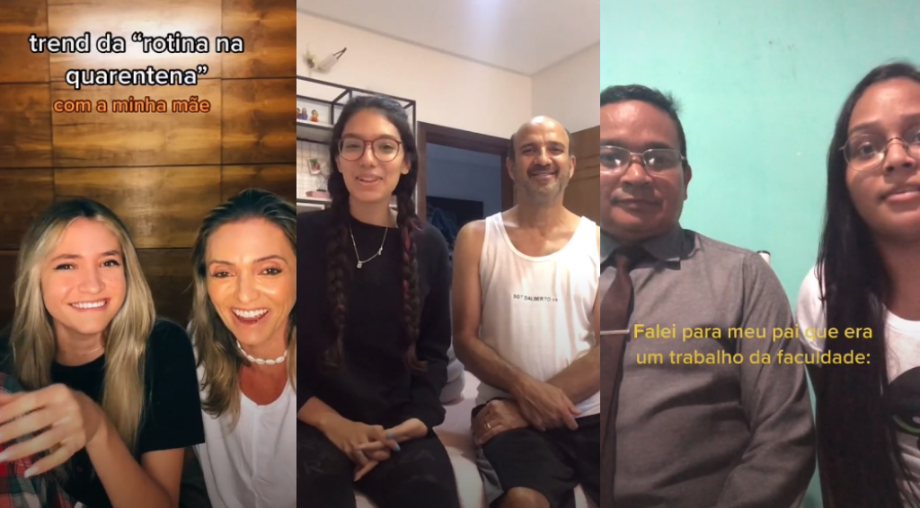Prints de TikToks da corrente #RotinaDeQuarentena. Nas três imagens, garotas estão ao lado de seus pais falando algo, enquanto o pai ou mãe segura o riso.
