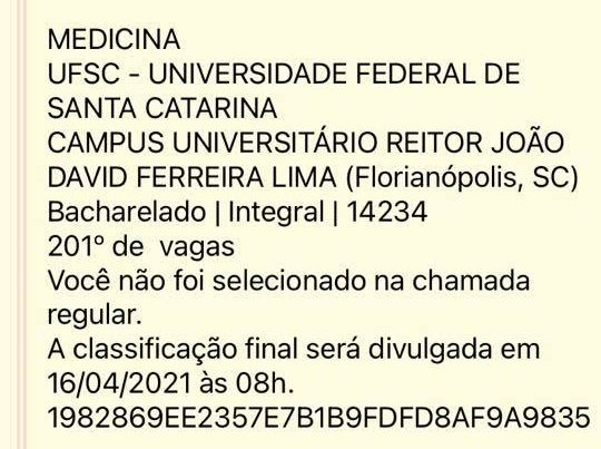 Resultado da não aprovação no curso de medicina