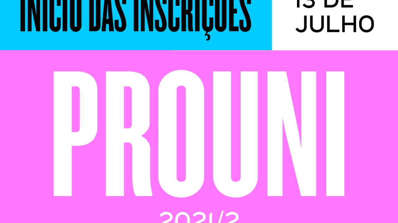 Arte em azul, rosa e branco com o escrito 'Início das inscrições Prouni: 13 de julho'