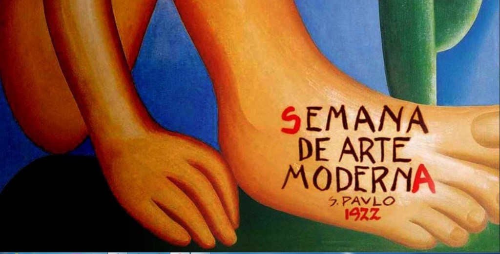 Montagem com o quadro Abaporu, de Tarsila do Amaral - ícone do Modernismo brasileiro - e o cartaz da Semana de Arte Moderna de 1922, considerado um marco.