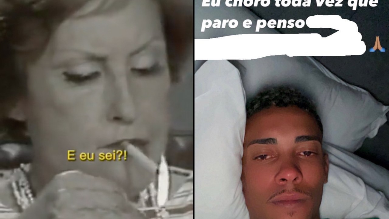 Montagem com duas fotografias. A primeira é da autora Clarice Lispector, com um cigarro na boca, dizendo "E eu sei?" para a pergunta de um repórter. A segunda é uma fotografia de um cantor de funk deitado em um travesseiro branco com um semblante triste, com a frase "Eu choro toda vez que paro e penso" escrita em cima.