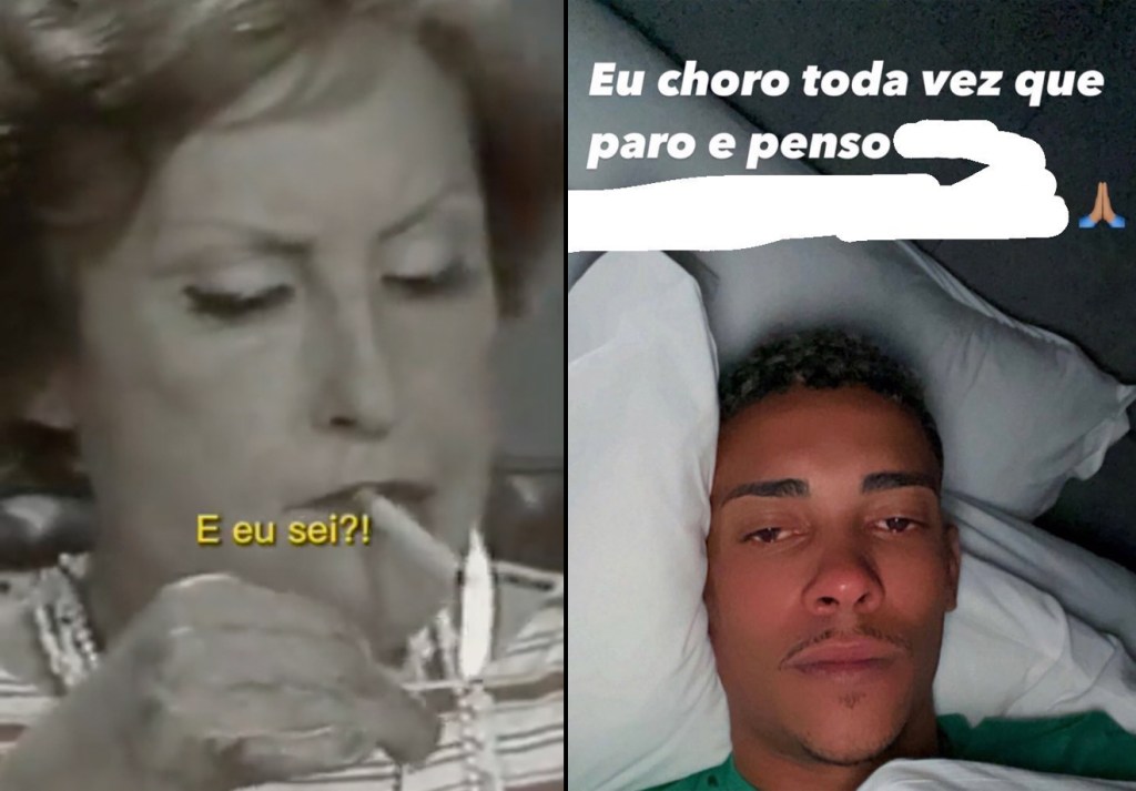 Montagem com duas fotografias. A primeira é da autora Clarice Lispector, com um cigarro na boca, dizendo "E eu sei?" para a pergunta de um repórter. A segunda é uma fotografia de um cantor de funk deitado em um travesseiro branco com um semblante triste, com a frase "Eu choro toda vez que paro e penso" escrita em cima.