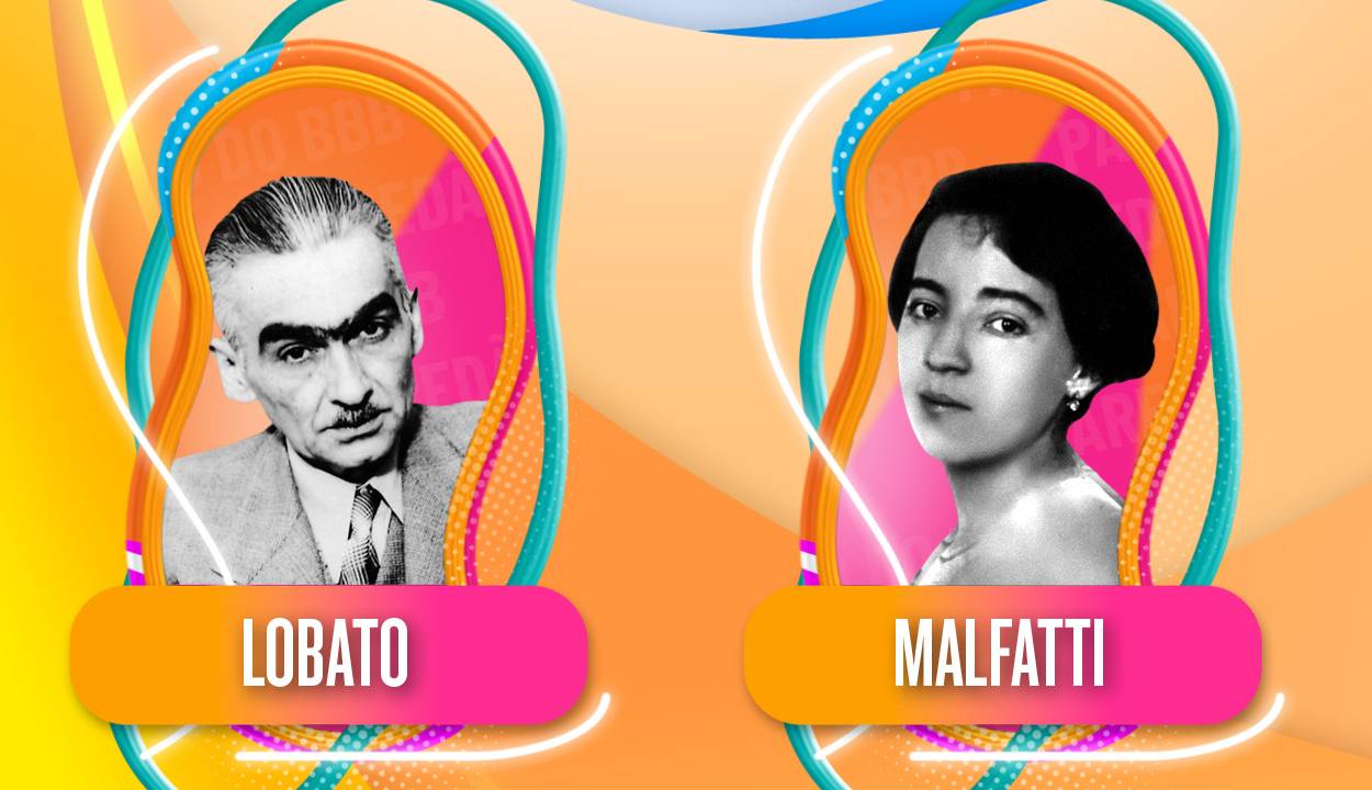 Montagem com as fotos de Monteiro Lobato e Anita Malfatti como se estivessem em um paredão do programa Big Brother Brasil, da Globo.