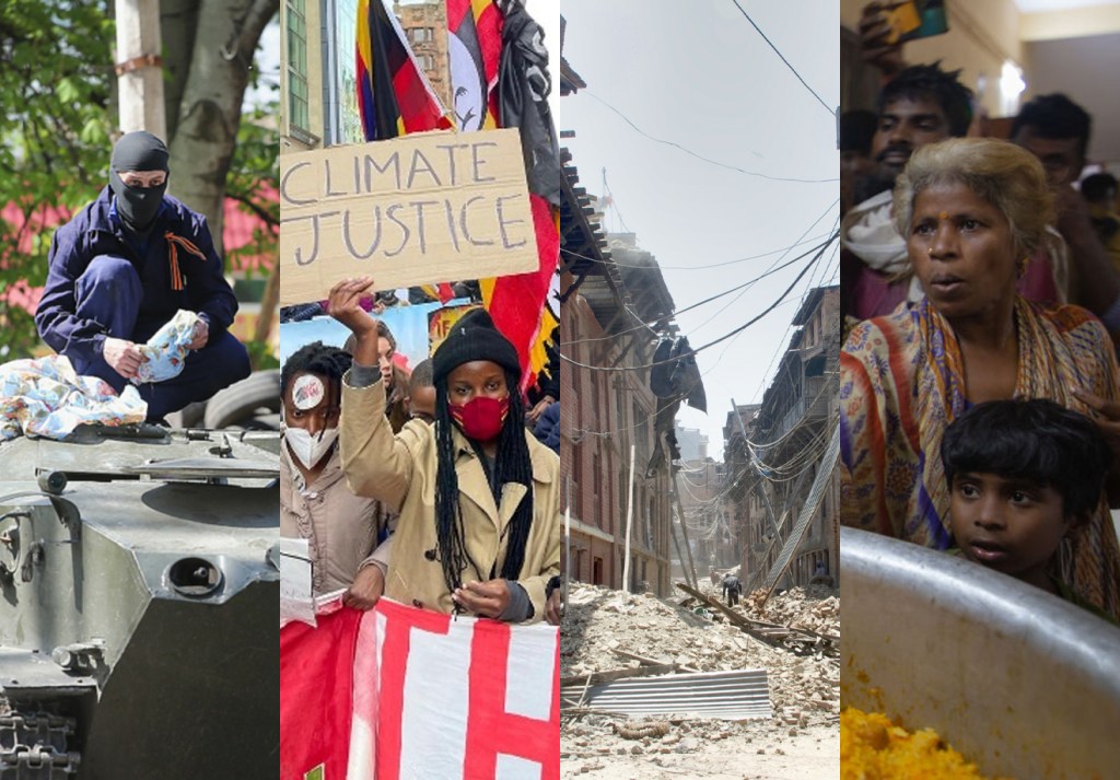 Colagem de 4 fotos: um homem em cima de um tanque de guerra, uma mulher em um protesto, uma rua destruída por um terremoto e uma mulher com uma panela na mão pedindo comida.