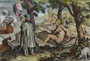 Jan_van_der_Straet_-_Vespucci_Discovering_America_plate_2_from_Nova_Reperta_(New_Discoveries)_engrave_-_(MeisterDrucke-321228) Obra Vespúcio Descobre a América, de Jan van der Straet.