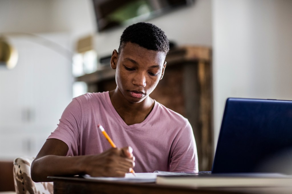 estudante no computador; estudando; escrevendo