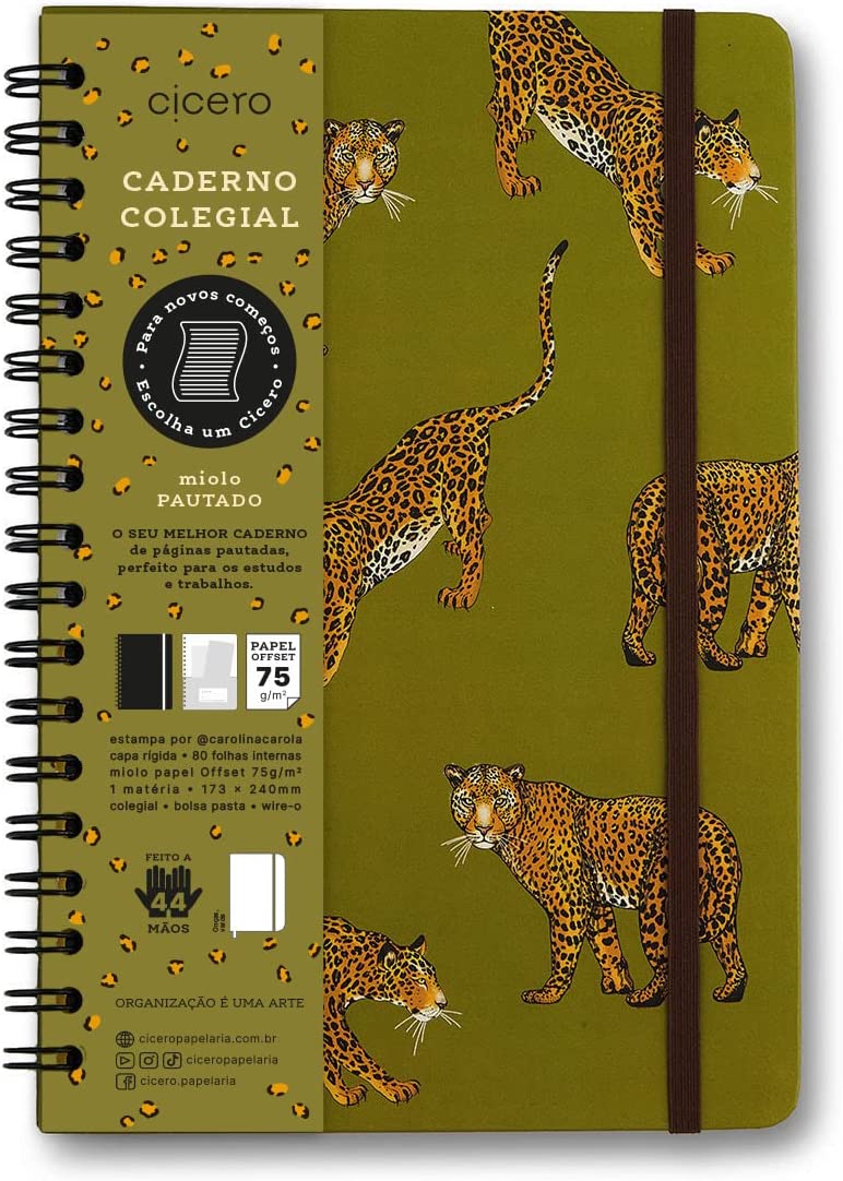 Caderno-Onça Caderno Espiral Onças Pautado 17x24 Verde, Cícero