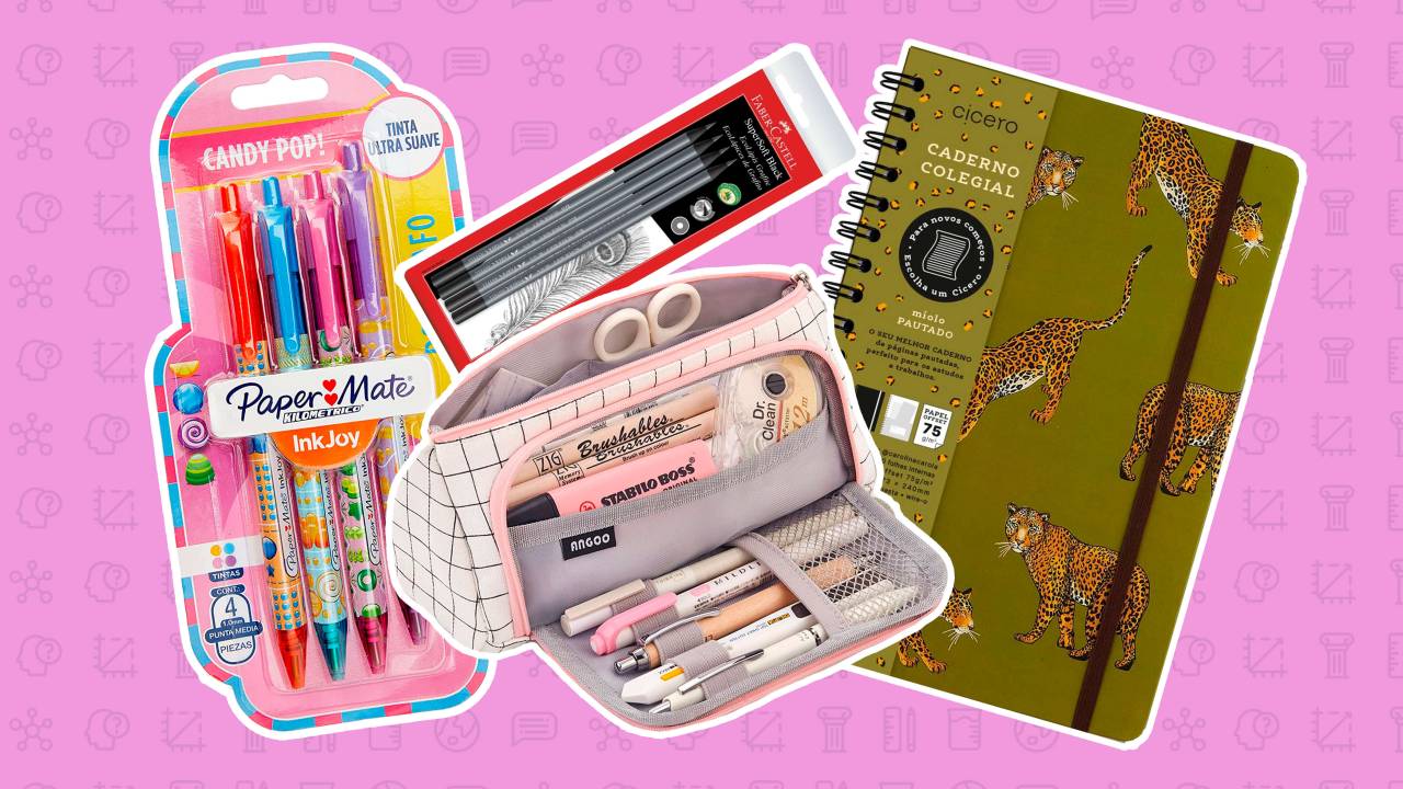 Montagem com kit de canetas, estojo, lápis de escrever e caderno estampado.
