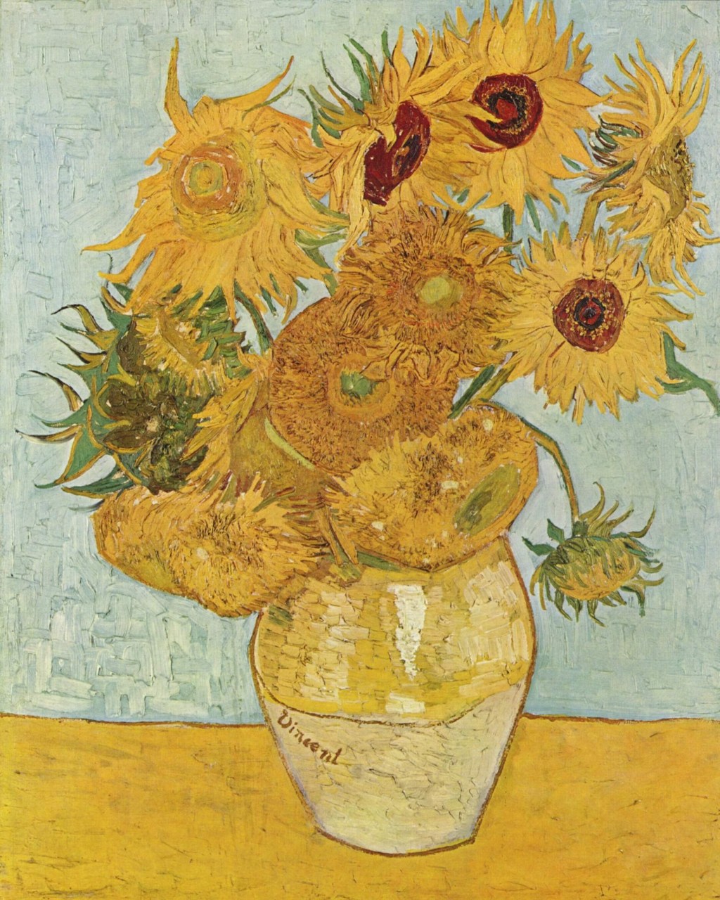 Pintura mostra uma jarra com girassóis amarelos