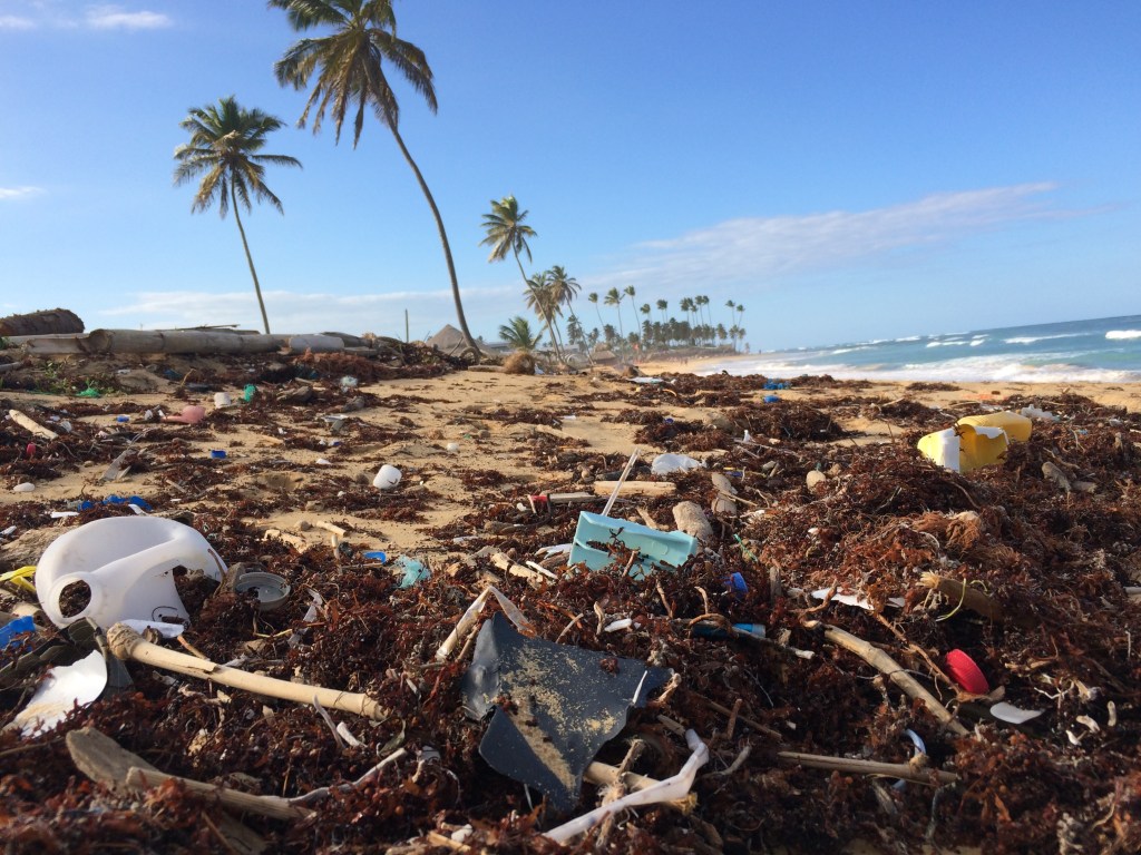 praia poluída com lixos não degradáveis como plásticos