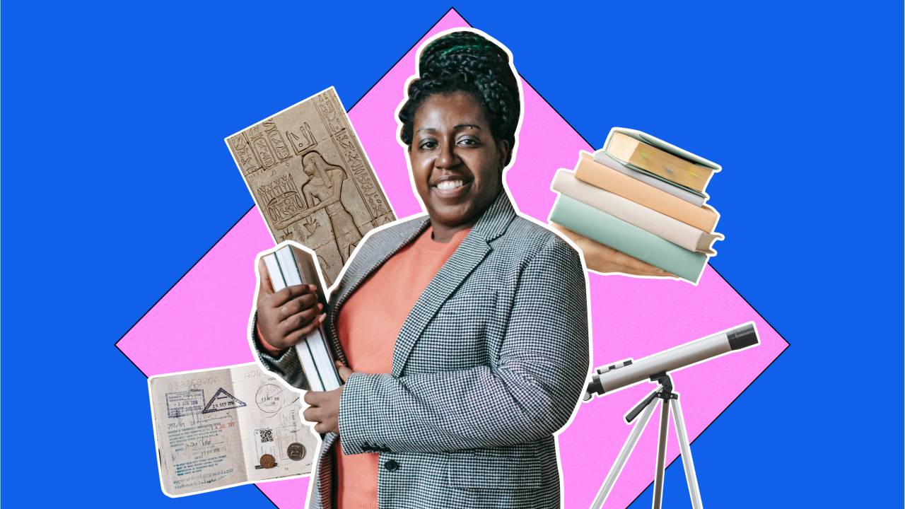mulher cercada de elementos ligados a profissões para pessoas ansiosas, como livros e telescópio