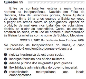 questão_enem 2019 Questão do Enem sobre Maria Quitéria de Jesus