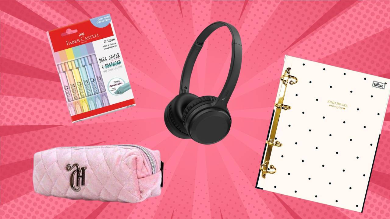 marcadores, estojo, fone de ouvido e caderno