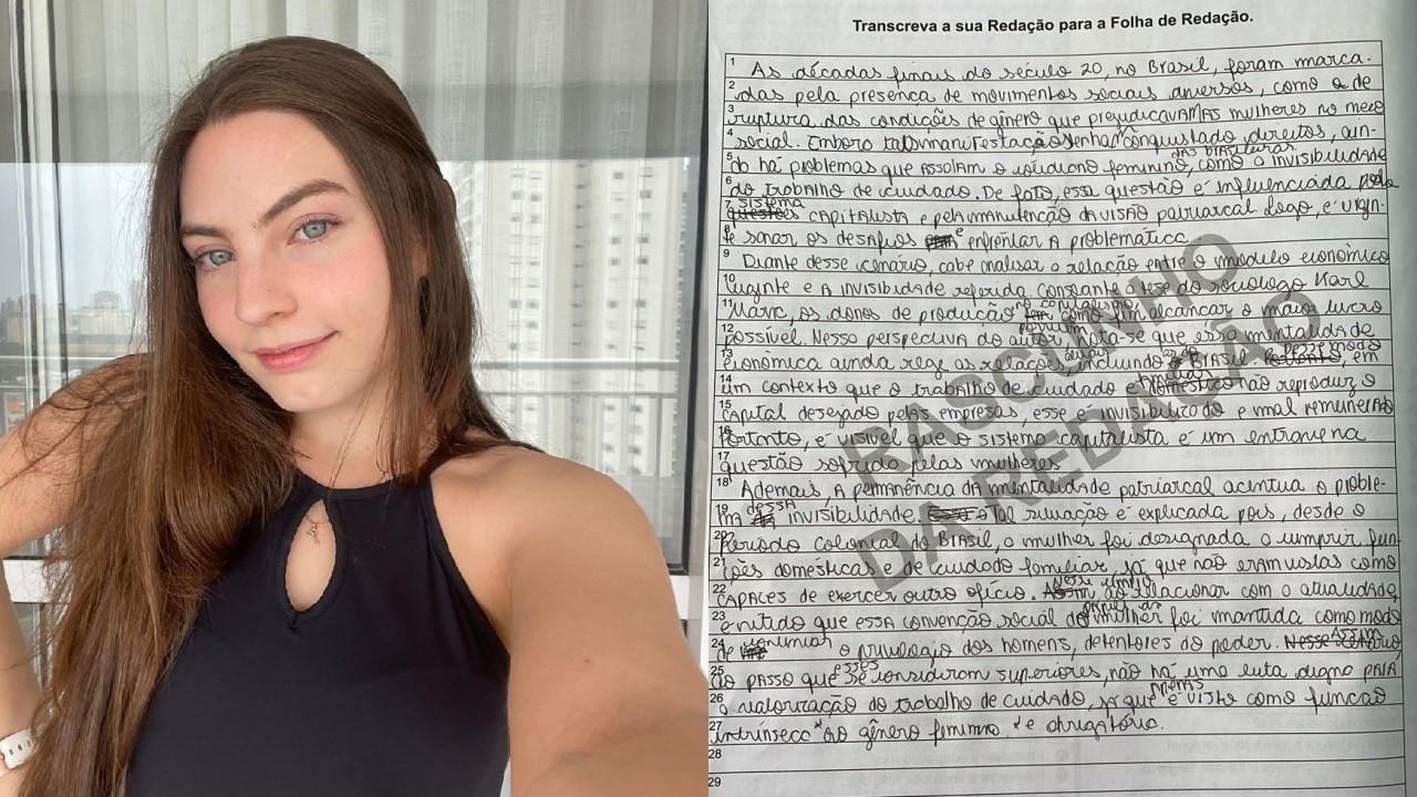 Luana, estudante branca de olhos verdes, e o rascunho de sua redação no Enem