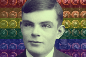 Montagem do cientista britânico Alan Turing, com a bandeira LGBT e a representação da sua máquina criada na 2ª Guerra Mundial