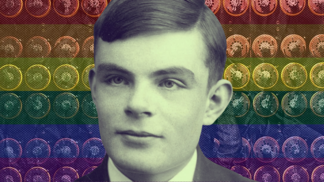 Montagem do cientista britânico Alan Turing, com a bandeira LGBT e a representação da sua máquina criada na 2ª Guerra Mundial