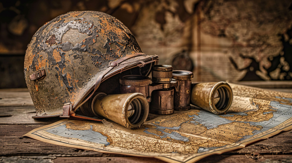 ciencias-humanas Capacete de guerra, em cima de um binóculo, em cima de mapa. Foto gerada por Inteligência Artificial