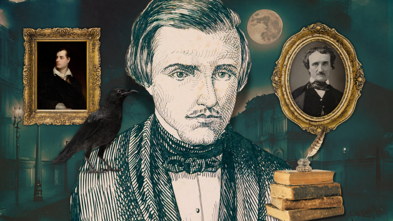 Montagem com autor Álvares Azevedo, Lord Byron e Edgar Allan Poe
