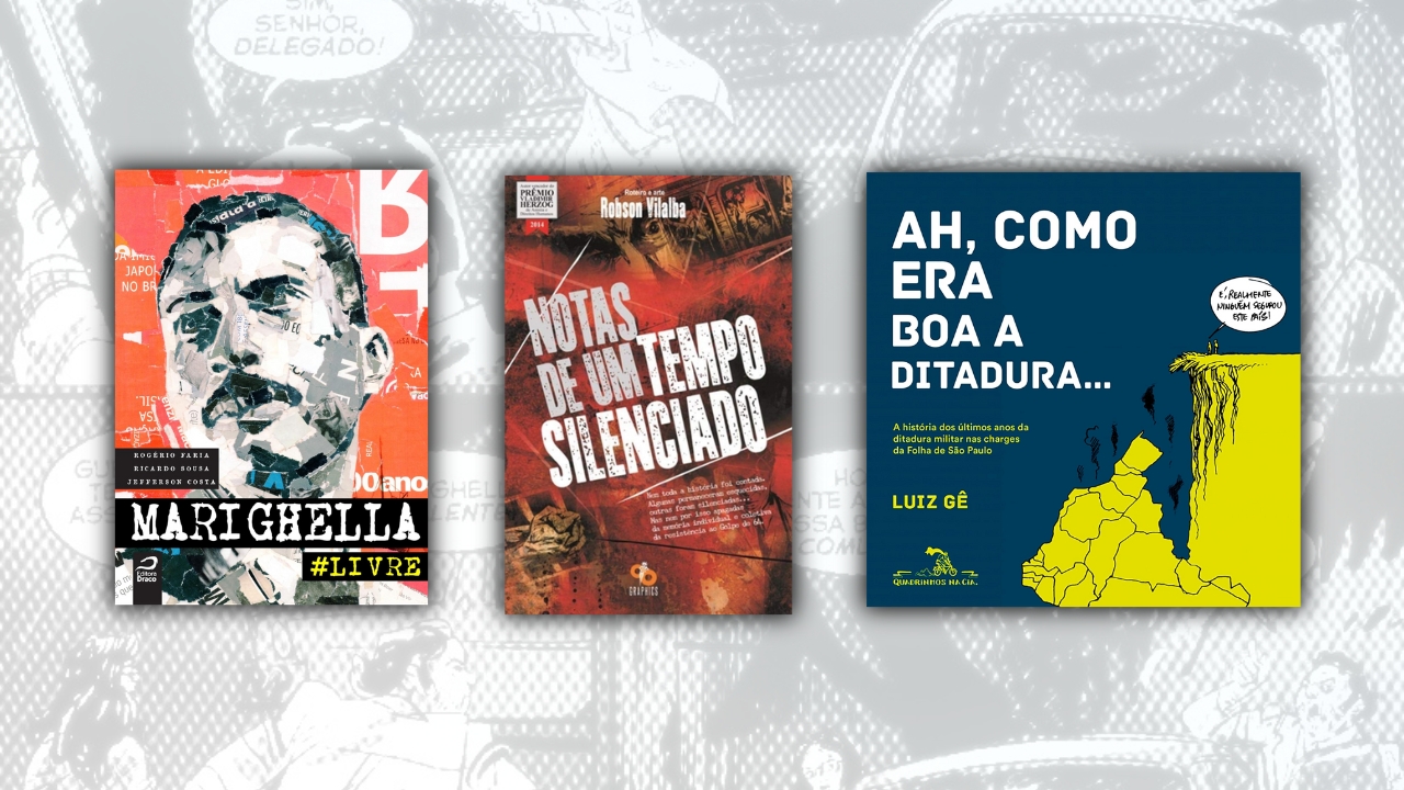 Montagem com 3 capas das HQs citadas, ao fundo uma página de quadrinho desbotada