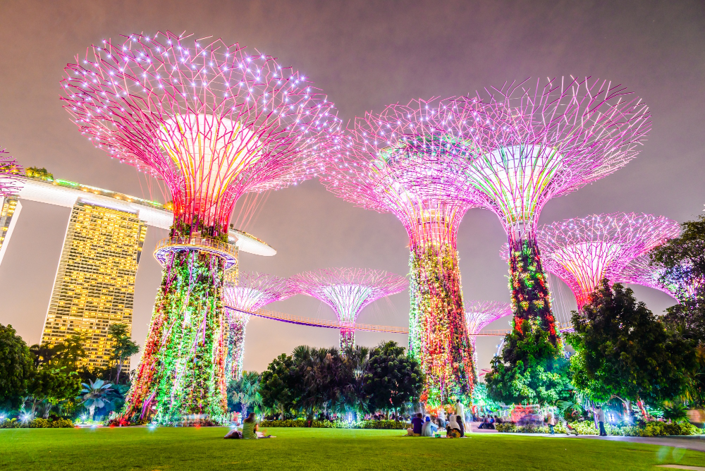Foto mostra ponto turístico de Singapura, com árvores e luzes de LED.