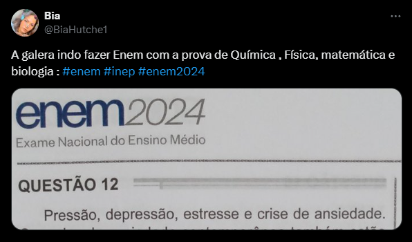 meme-enem-2024-dia-2-8 Print de postagem no X (antigo Twitter) com meme sobre o segundo dia do Enem 2024