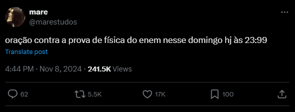 meme-enem-2024-dia-2-9 Print de postagem no X (antigo Twitter) com meme sobre o segundo dia do Enem 2024