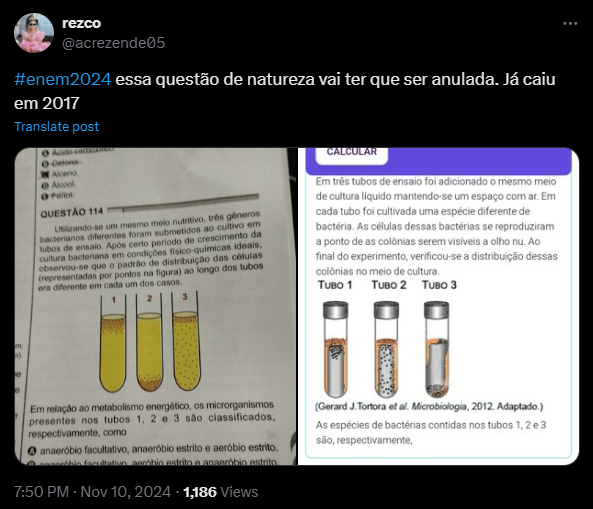 comentários-enem-2024-dia-2-5 Print de postagem no X (antigo Twitter) comentando o segundo dia do Enem 2024