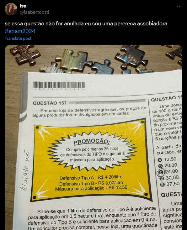 comentários-enem-2024-dia-2-6 Print de postagem no X (antigo Twitter) comentando o segundo dia do Enem 2024