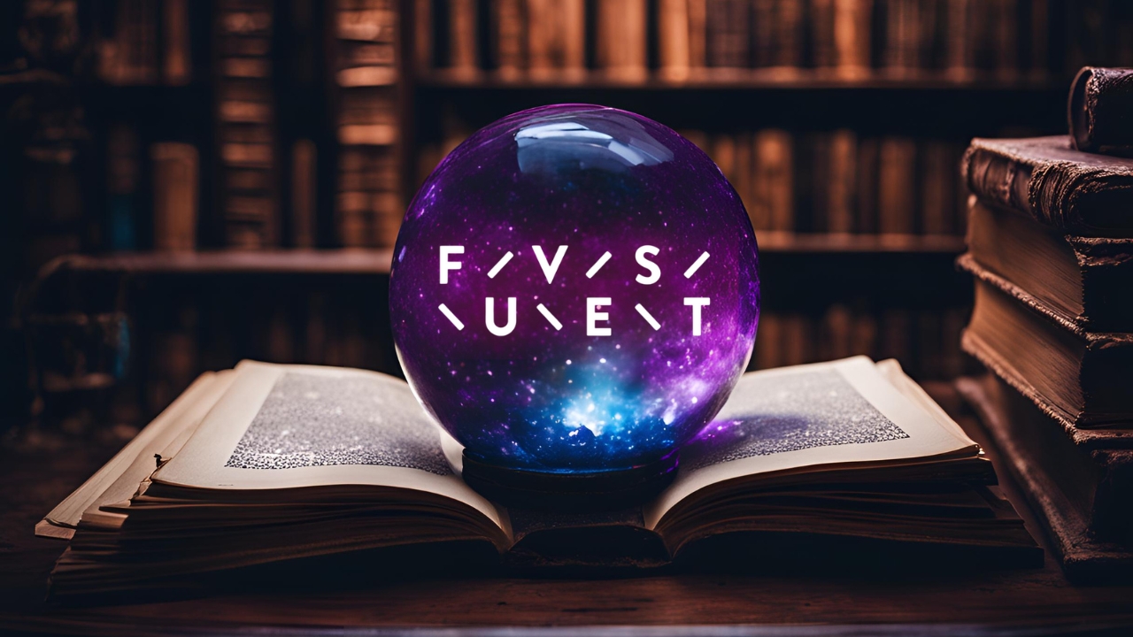 Bola de cristal em cima de mesa de biblioteca. Dentro do globo, há o logo da Fuvest 2025. Imagem criada por Inteligência Artificial