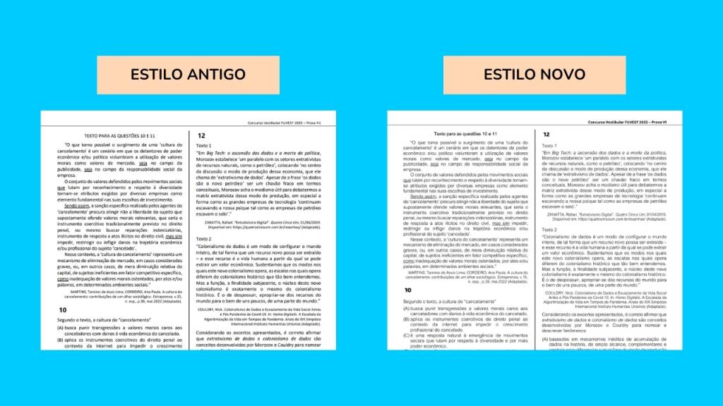 novo-visual-fuvest Imagem comparativo da mesma página de prova no antigo e novo estilo de diagramação da Fuvest