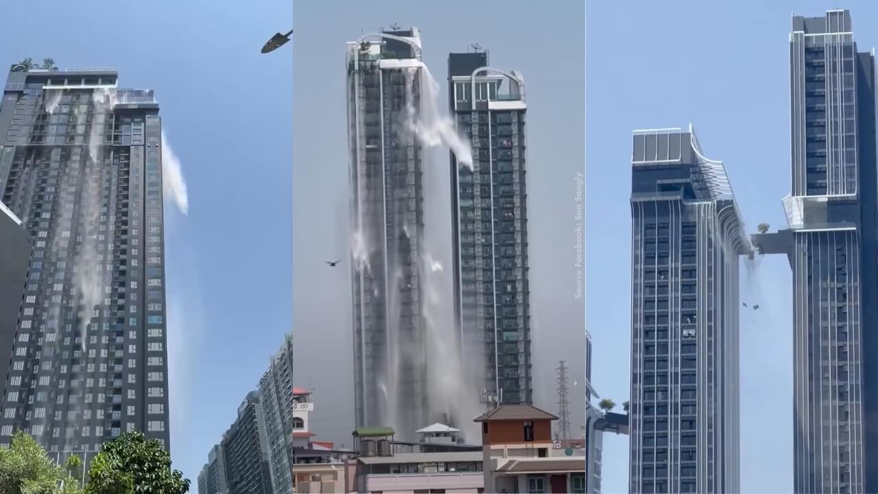 Colagem com 3 fotos de edifícios se movendo durante terremoto de 28 de março de 2025